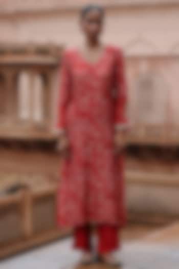Red Dupion Silk Hand Embroidered & Printed Kurta Set by Megha Pitti at Pernia's Pop Up Shop