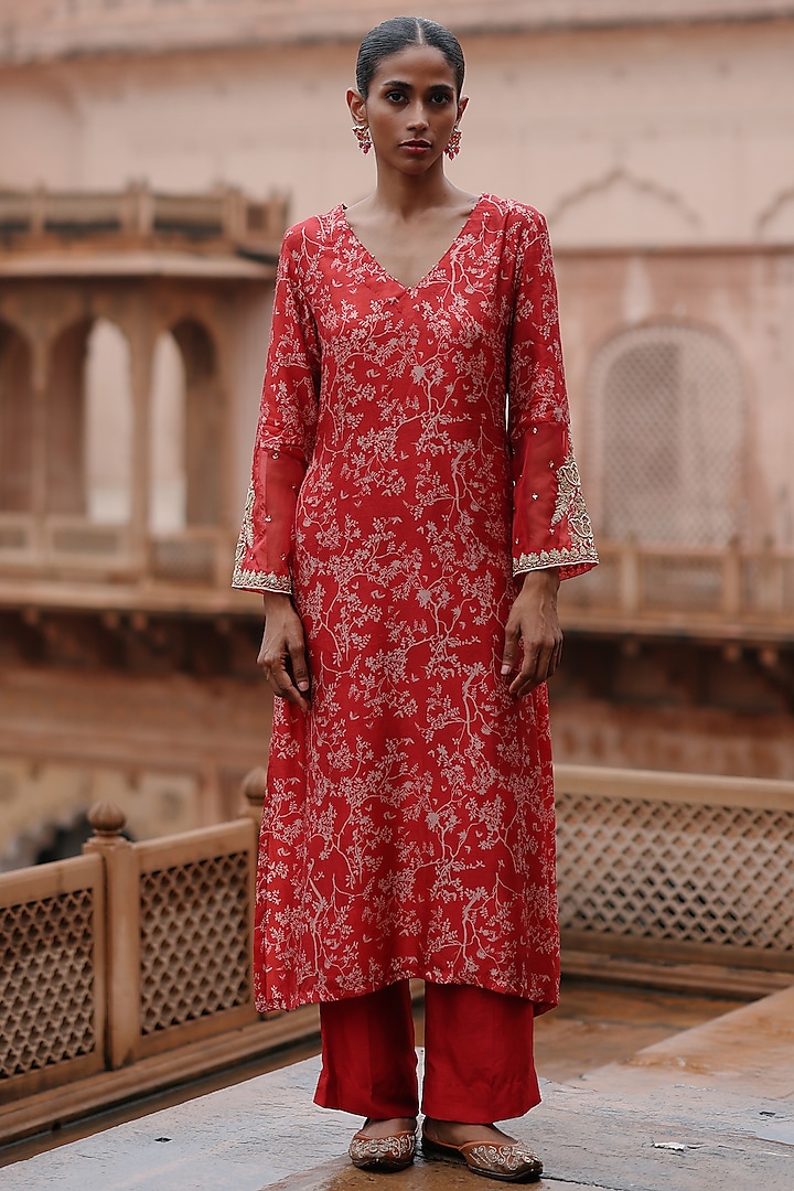 Red Dupion Silk Hand Embroidered & Printed Kurta Set by Megha Pitti at Pernia's Pop Up Shop