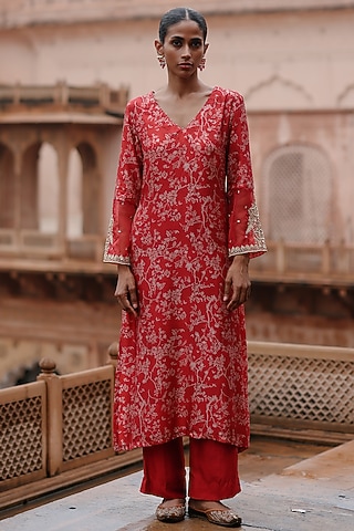 Red Dupion Silk Hand Embroidered & Printed Kurta Set by Megha Pitti