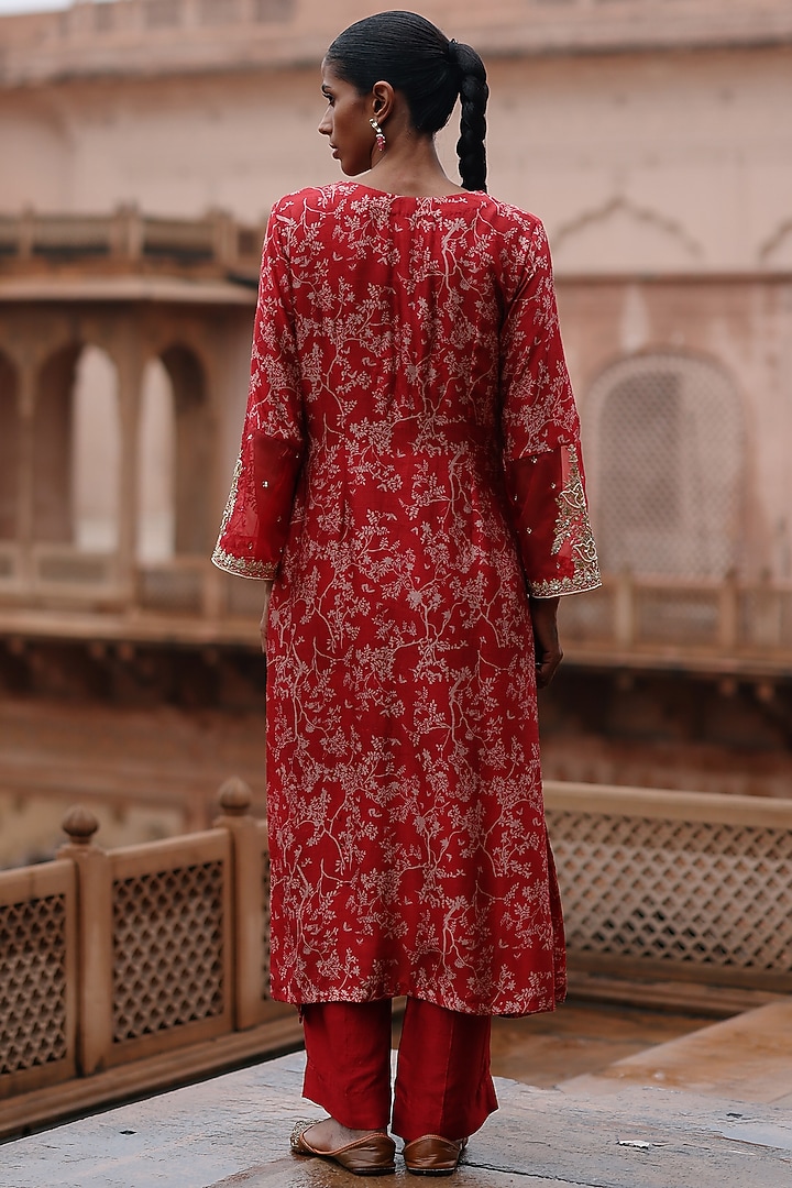 Red Dupion Silk Hand Embroidered & Printed Kurta Set by Megha Pitti at Pernia's Pop Up Shop