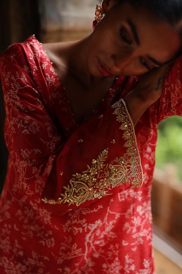 Red Dupion Silk Hand Embroidered & Printed Kurta Set by Megha Pitti at Pernia's Pop Up Shop