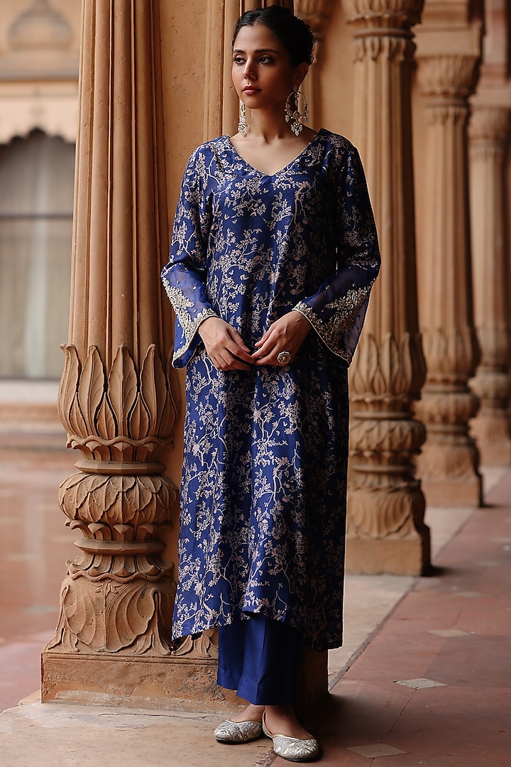 Blue Dupion Silk Hand Embroidered & Printed Kurta Set by Megha Pitti at Pernia's Pop Up Shop