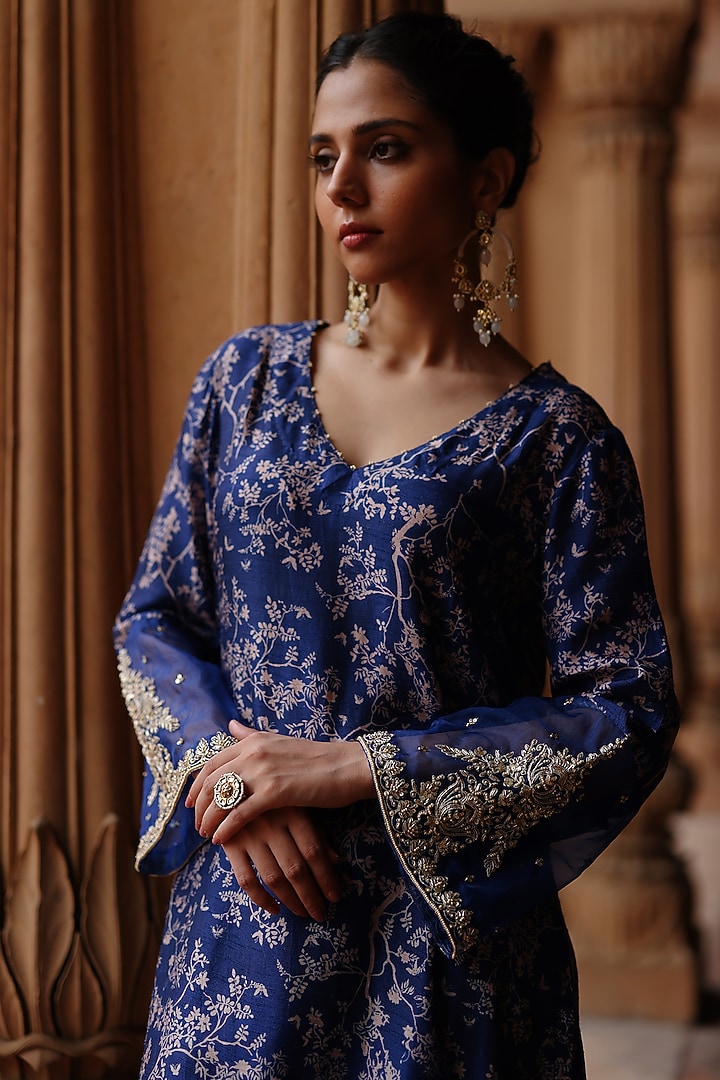 Blue Dupion Silk Hand Embroidered & Printed Kurta Set by Megha Pitti at Pernia's Pop Up Shop