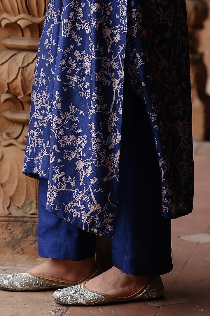 Blue Dupion Silk Hand Embroidered & Printed Kurta Set by Megha Pitti at Pernia's Pop Up Shop