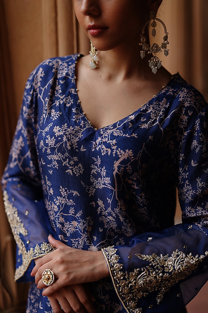 Blue Dupion Silk Hand Embroidered & Printed Kurta Set by Megha Pitti at Pernia's Pop Up Shop