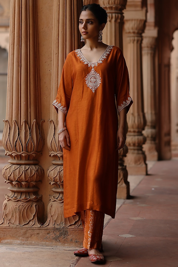 Orange Dupion Silk Hand Embroidered Kurta Set by Megha Pitti at Pernia's Pop Up Shop