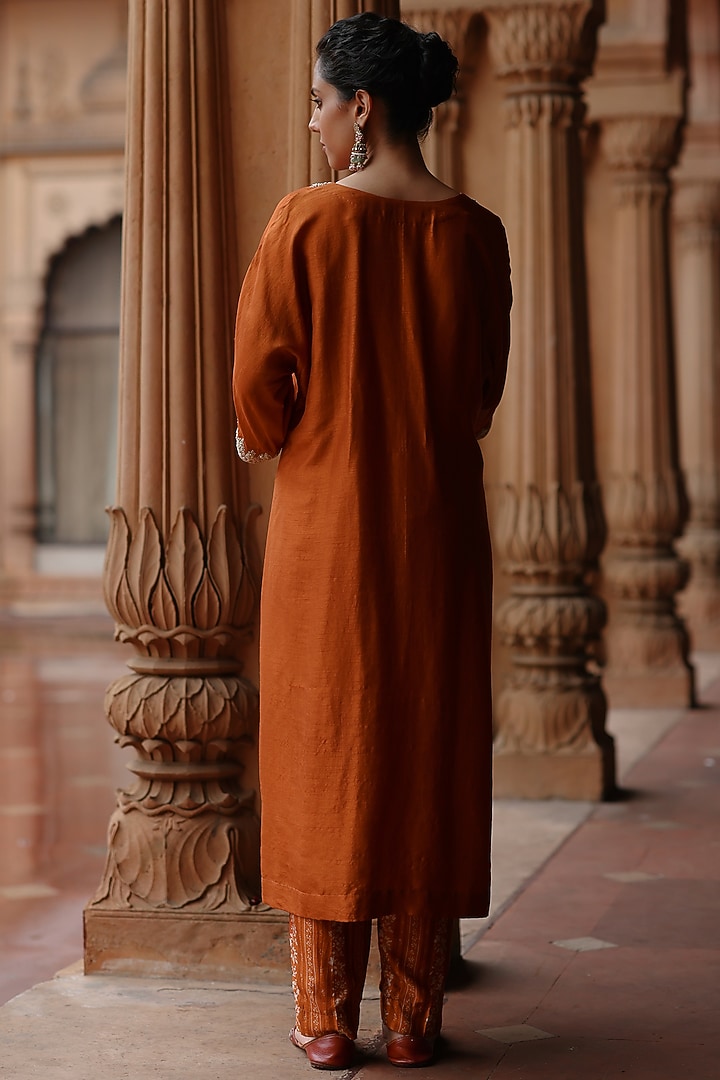Orange Dupion Silk Hand Embroidered Kurta Set by Megha Pitti at Pernia's Pop Up Shop