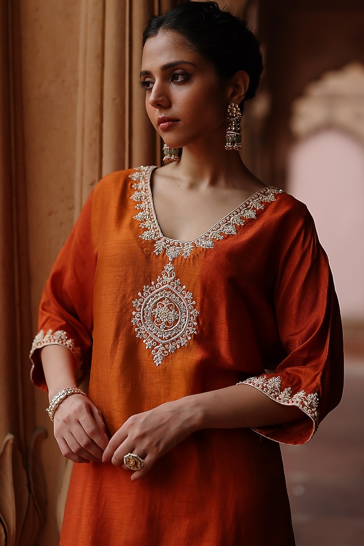 Orange Dupion Silk Hand Embroidered Kurta Set by Megha Pitti at Pernia's Pop Up Shop