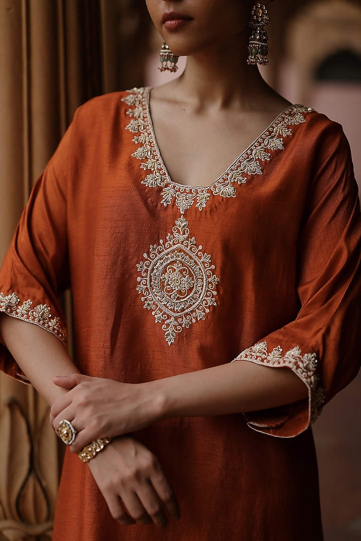 Orange Dupion Silk Hand Embroidered Kurta Set by Megha Pitti at Pernia's Pop Up Shop