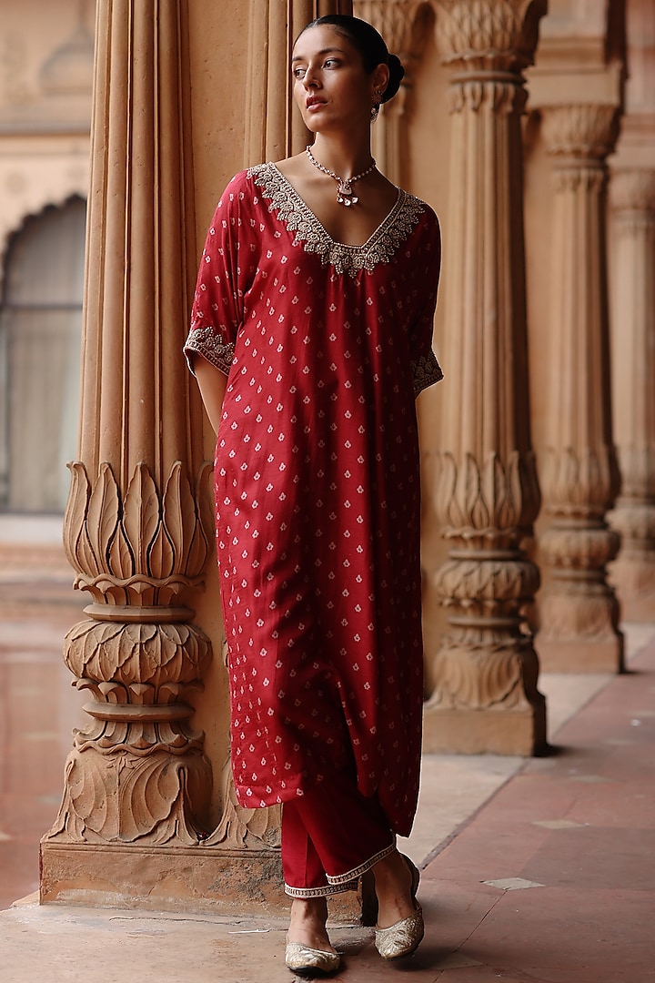 Red Dupion Silk Hand Embroidered & Printed Kurta Set by Megha Pitti at Pernia's Pop Up Shop