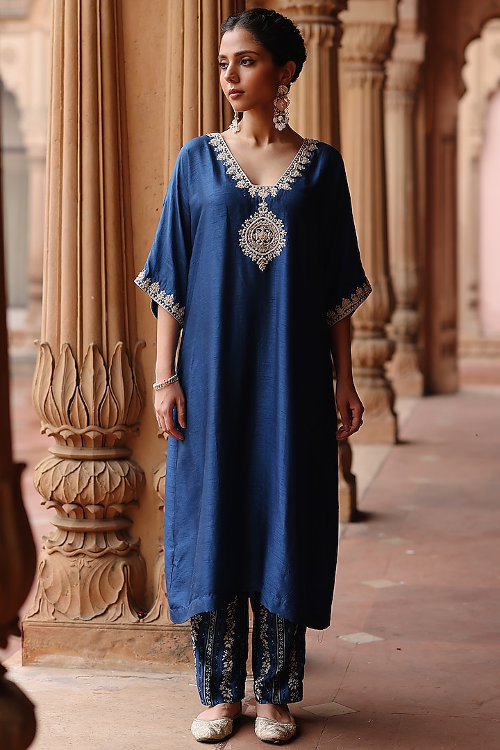 Blue Dupion Silk Hand Embroidered Kurta Set by Megha Pitti at Pernia's Pop Up Shop