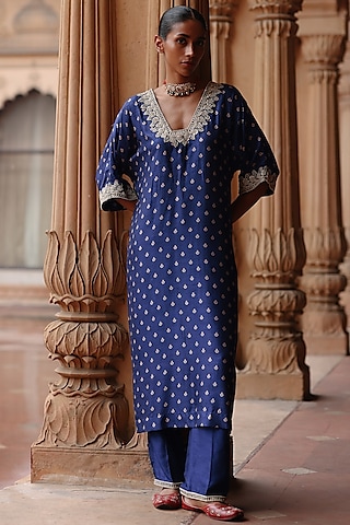 Blue Dupion Silk Hand Embroidered & Printed Kurta Set by Megha Pitti