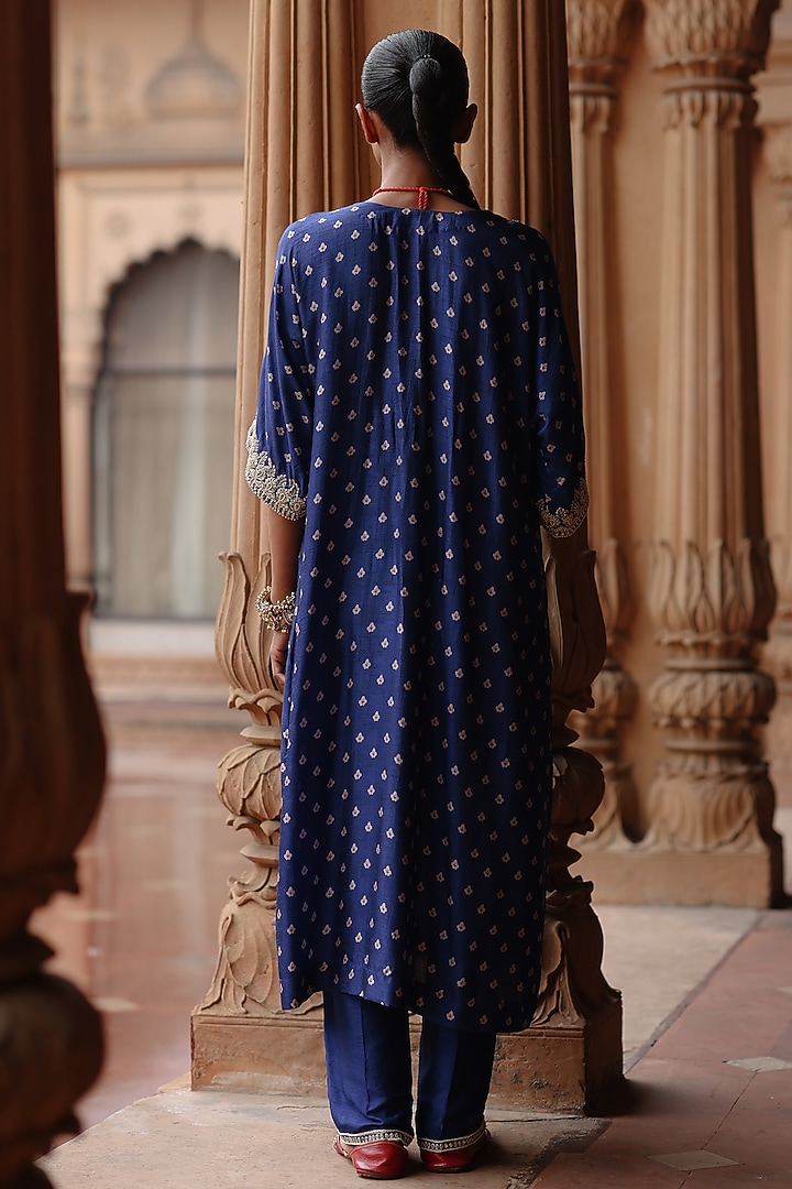 Blue Dupion Silk Hand Embroidered & Printed Kurta Set by Megha Pitti at Pernia's Pop Up Shop