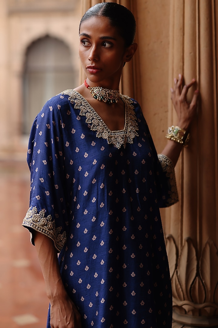 Blue Dupion Silk Hand Embroidered & Printed Kurta Set by Megha Pitti at Pernia's Pop Up Shop