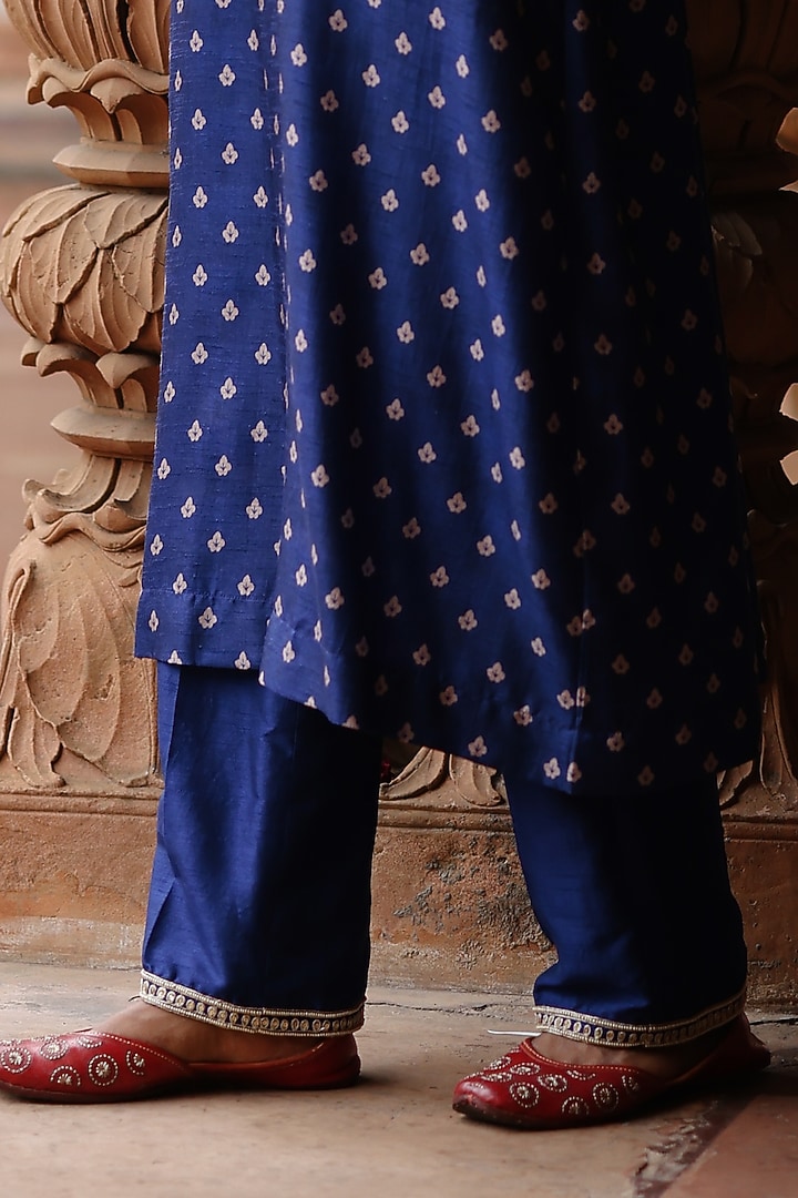Blue Dupion Silk Hand Embroidered & Printed Kurta Set by Megha Pitti at Pernia's Pop Up Shop