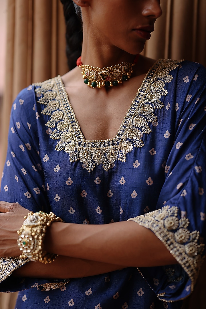 Blue Dupion Silk Hand Embroidered & Printed Kurta Set by Megha Pitti at Pernia's Pop Up Shop