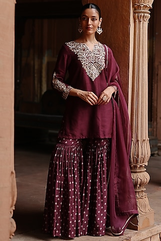 Wine Dupion Silk Printed Sharara Set by Megha Pitti