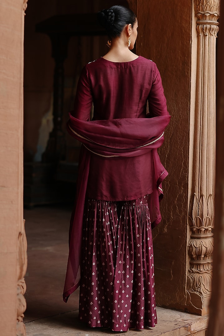 Wine Dupion Silk Printed Party Wear Sharara Set by Megha Pitti at Pernia's Pop Up Shop