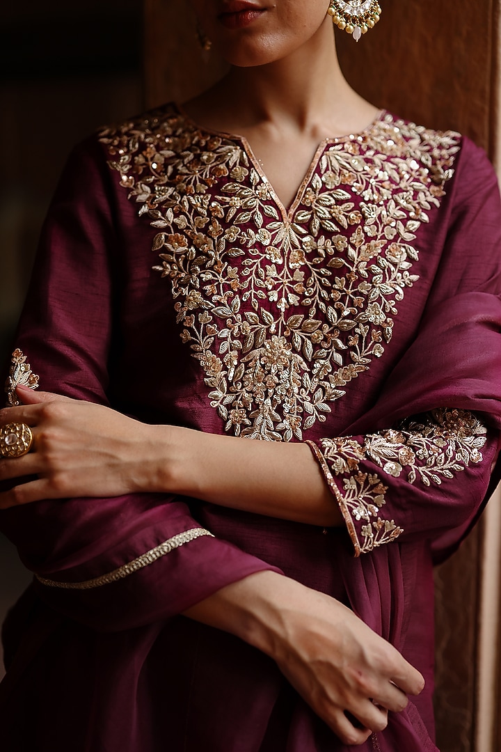 Wine Dupion Silk Printed Party Wear Sharara Set by Megha Pitti at Pernia's Pop Up Shop