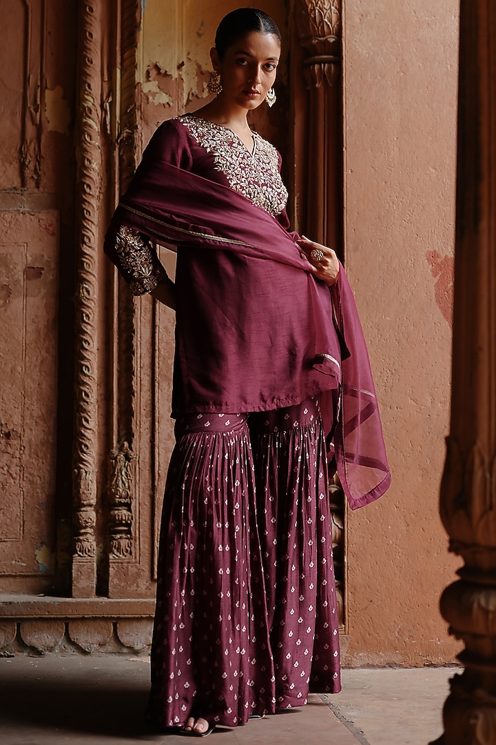 Wine Dupion Silk Printed Party Wear Sharara Set by Megha Pitti at Pernia's Pop Up Shop