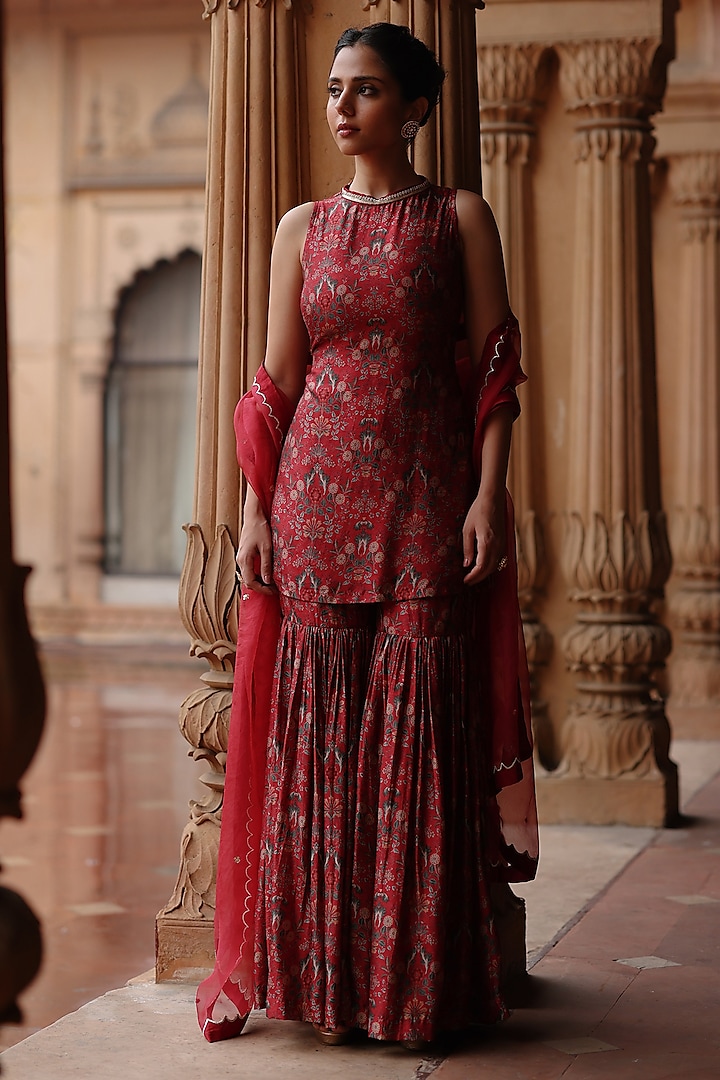 Red Dupion Silk Printed Sharara Set by Megha Pitti at Pernia's Pop Up Shop