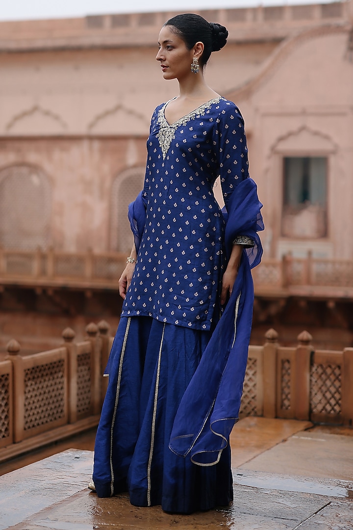 Blue Dupion Silk Kalidar Sharara Set by Megha Pitti at Pernia's Pop Up Shop