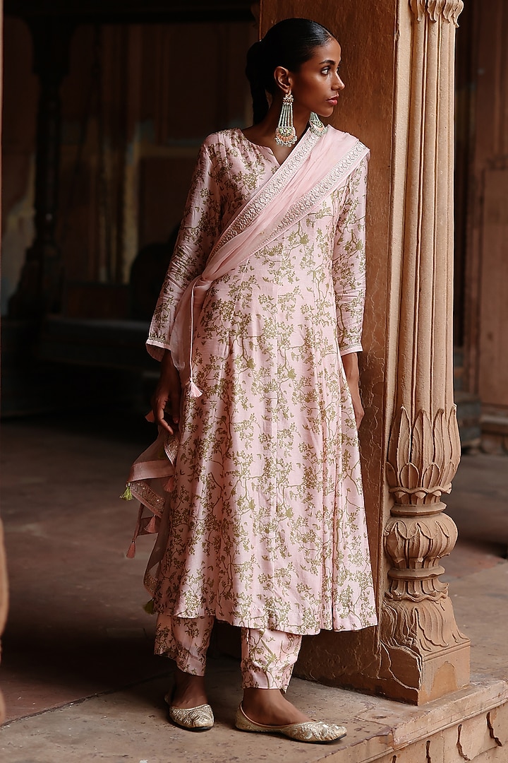 Pastel Pink Silk Printed Anarkali Set by Megha Pitti at Pernia's Pop Up Shop