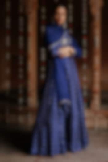 Blue Dupion Silk Printed & Zardosi Embroidered Anarkali Set by Megha Pitti at Pernia's Pop Up Shop