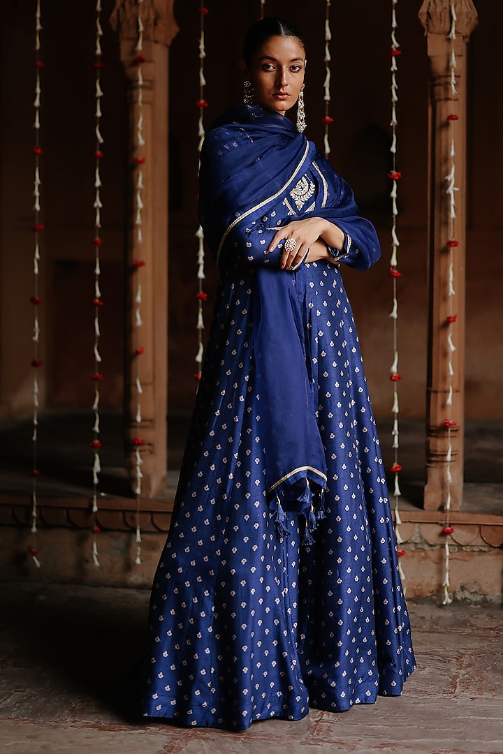 Blue Dupion Silk Printed & Zardosi Embroidered Anarkali Set by Megha Pitti at Pernia's Pop Up Shop