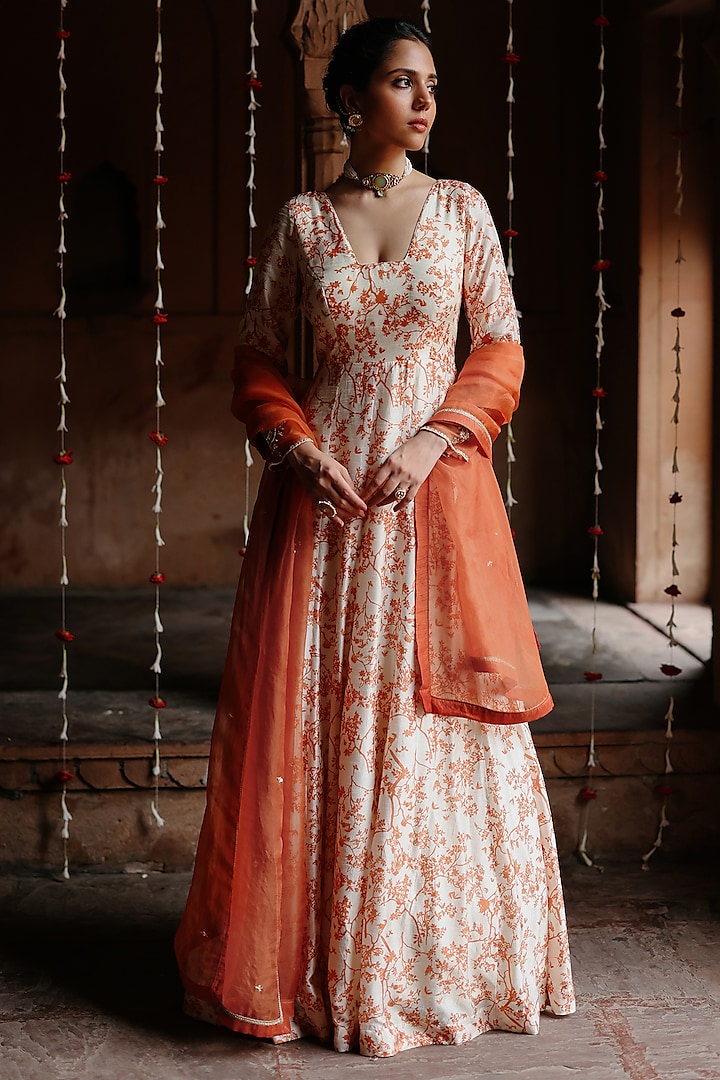 Cream & Orange Dupion Silk Zardosi Embroidered Anarkali Set by Megha Pitti at Pernia's Pop Up Shop