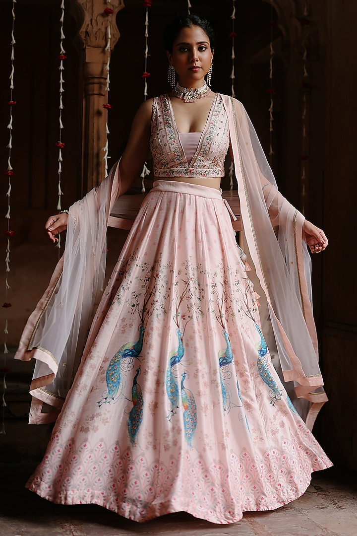 Pastel Pink Silk Printed Wedding Lehenga Set by Megha Pitti at Pernia's Pop Up Shop