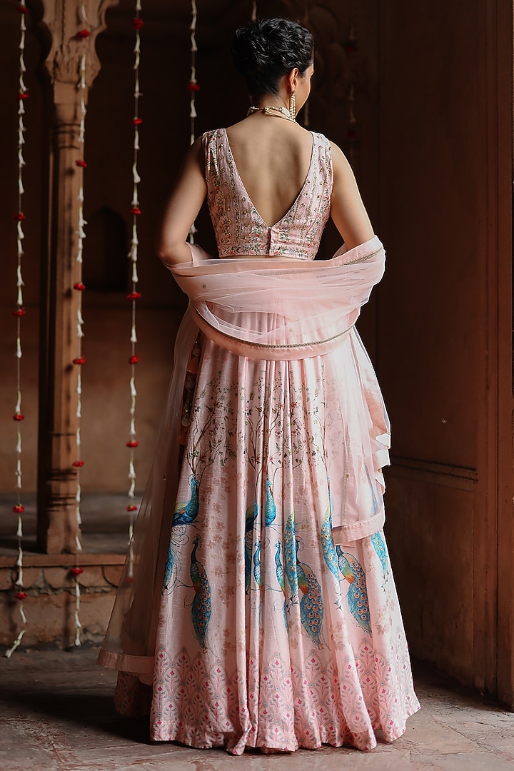 Pastel Pink Silk Printed Wedding Lehenga Set by Megha Pitti at Pernia's Pop Up Shop