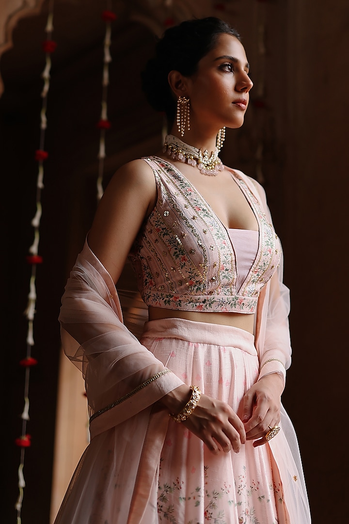 Pastel Pink Silk Printed Wedding Lehenga Set by Megha Pitti at Pernia's Pop Up Shop