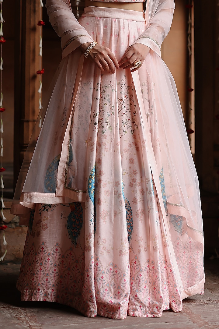 Pastel Pink Silk Printed Wedding Lehenga Set by Megha Pitti at Pernia's Pop Up Shop