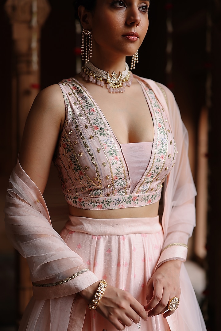 Pastel Pink Silk Printed Wedding Lehenga Set by Megha Pitti at Pernia's Pop Up Shop