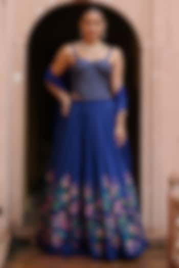 Blue Dupion Silk Floral Printed Lehenga Set by Megha Pitti at Pernia's Pop Up Shop