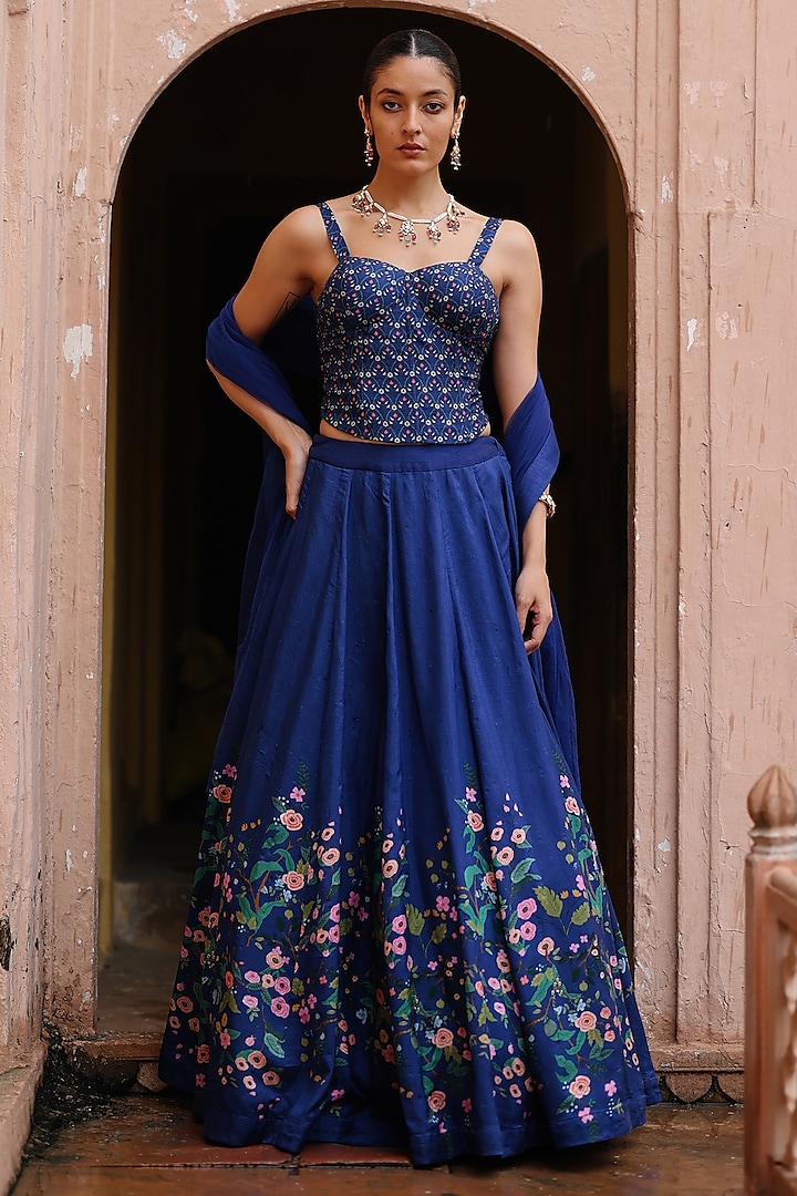 Blue Dupion Silk Floral Printed Lehenga Set by Megha Pitti at Pernia's Pop Up Shop