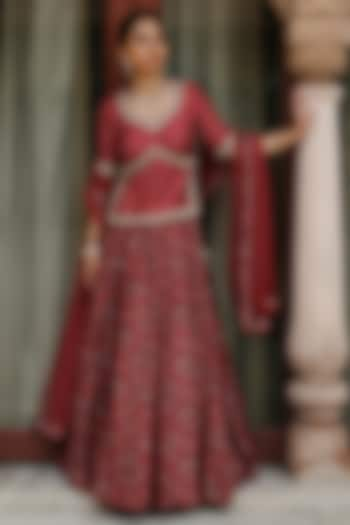 Red Dupion Silk Printed Wedding Lehenga Set by Megha Pitti at Pernia's Pop Up Shop