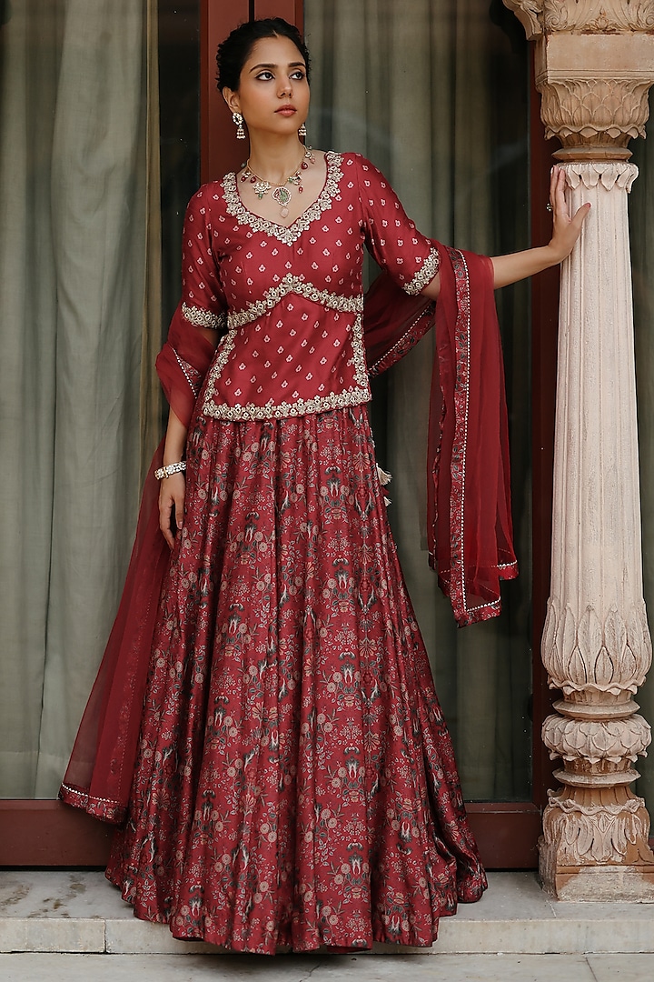 Red Dupion Silk Printed Wedding Lehenga Set by Megha Pitti at Pernia's Pop Up Shop