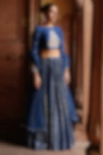 Blue Dupion Silk Printed Lehenga Set by Megha Pitti