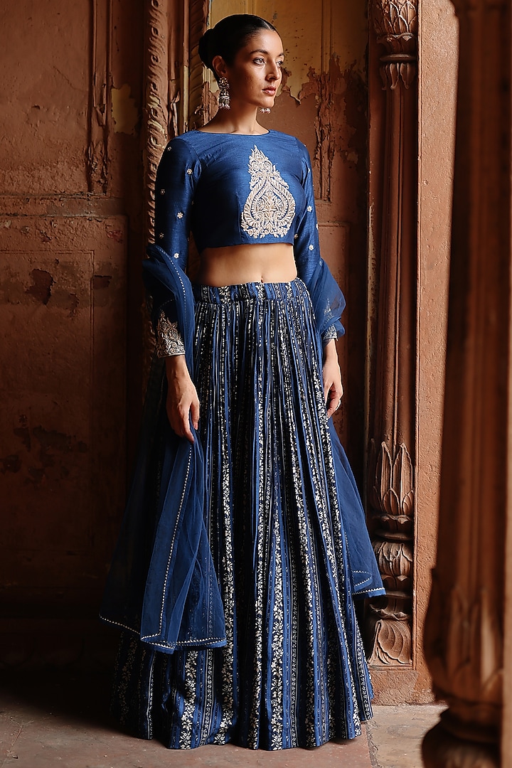 Blue Dupion Silk Printed Lehenga Set by Megha Pitti