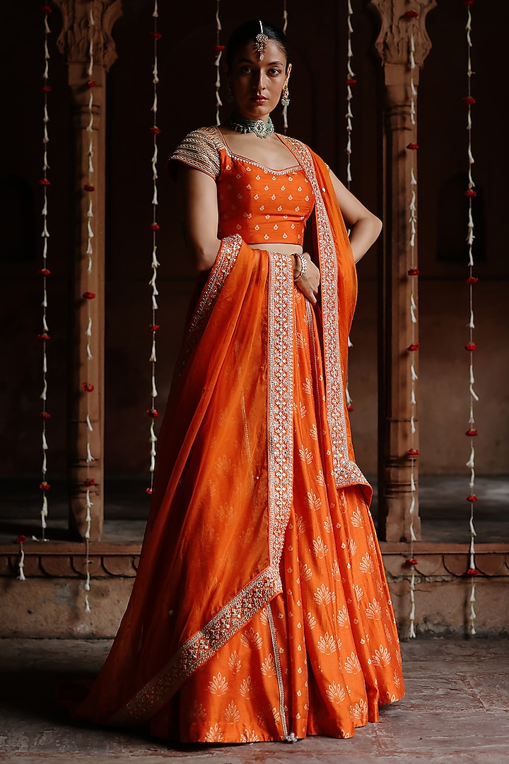 Orange Dupion Silk Embroidered and Printed Wedding Lehenga Set by Megha Pitti at Pernia's Pop Up Shop