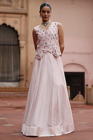Pastel Pink Silk Skirt Set by Megha Pitti