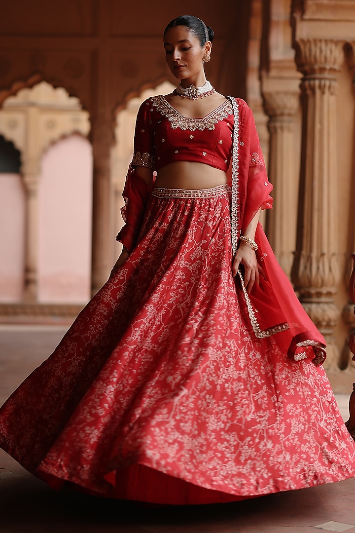 Red Dupion Silk Printed Lehenga Set by Megha Pitti