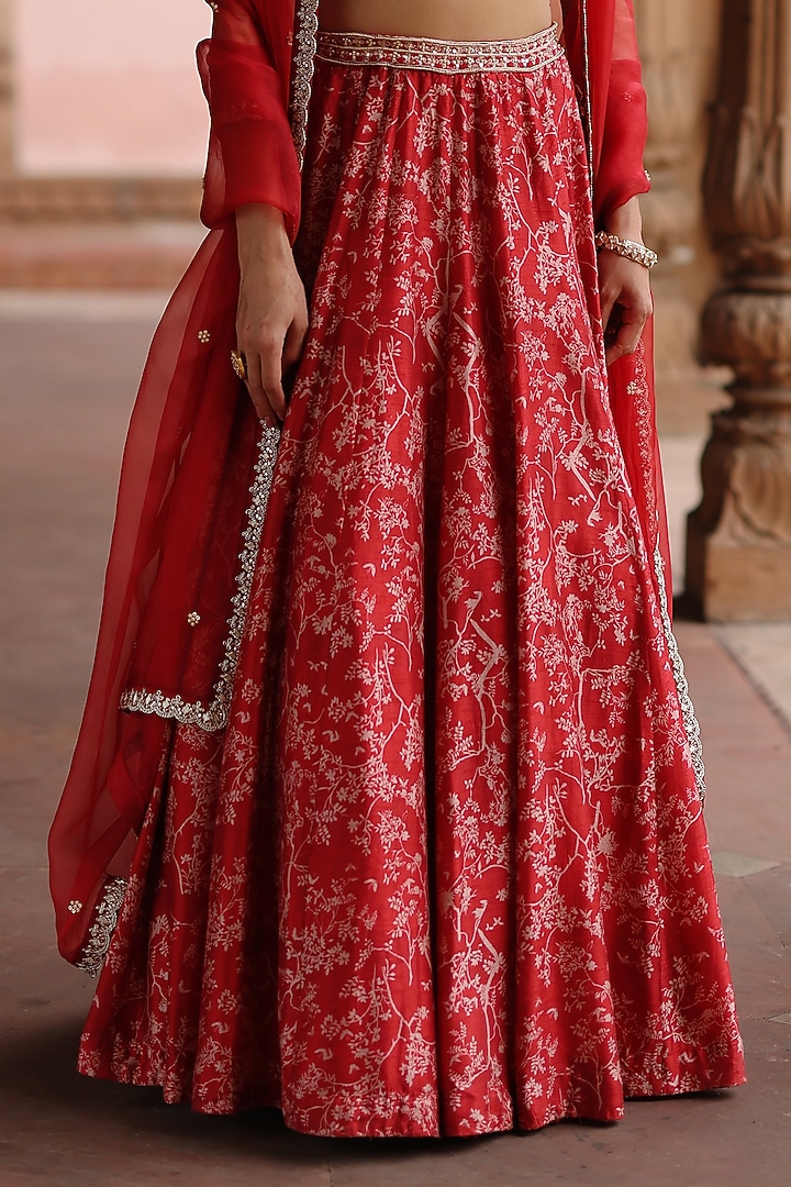 Red Dupion Silk Printed Wedding Lehenga Set by Megha Pitti at Pernia's Pop Up Shop