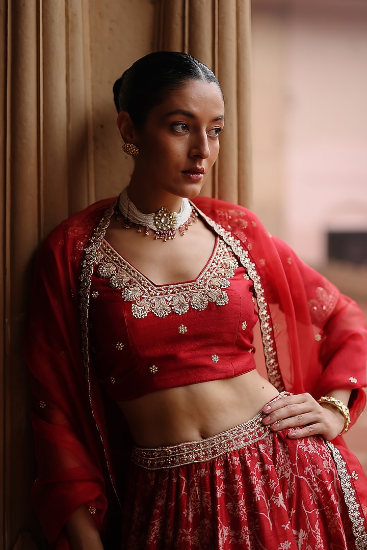 Red Dupion Silk Printed Wedding Lehenga Set by Megha Pitti at Pernia's Pop Up Shop