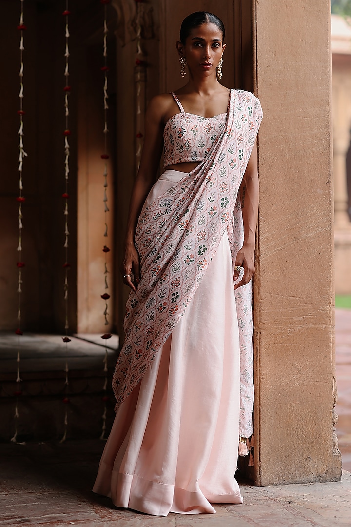 Pastel Pink Dupion Silk Floral Printed Pre-Stitched Saree Set by Megha Pitti at Pernia's Pop Up Shop