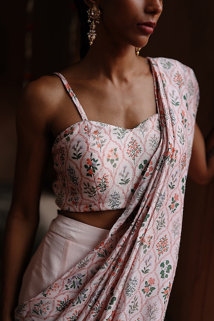 Pastel Pink Dupion Silk Floral Printed Pre-Stitched Party Wear Saree Set by Megha Pitti at Pernia's Pop Up Shop