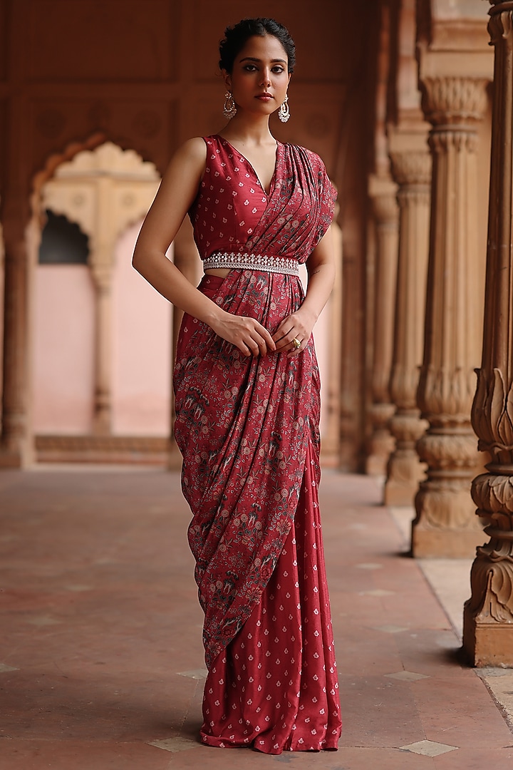 Red Dupion Silk Printed Pre Stitched Saree Set by Megha Pitti at Pernia's Pop Up Shop