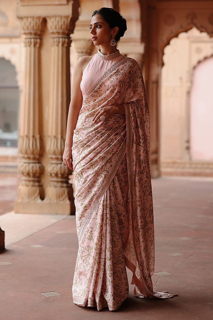 Pink Dupion Silk Printed & Embroidered Saree Set by Megha Pitti at Pernia's Pop Up Shop